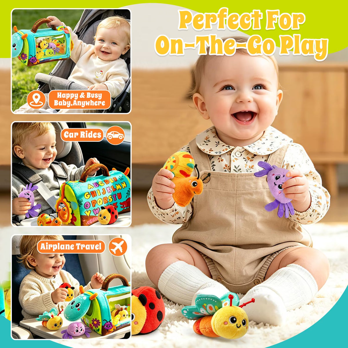 Baby Toys 6-12 Months, Sensory Stuffed Animals Toys for Baby & Toddlers with Rattles, Crinkles, Squeak & Mirror, Toys for 1 Year Old Boy Girl Gifts