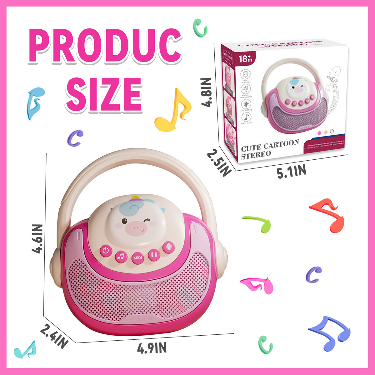 Music Player with LED Lights and Recording, Singing, Stories- Musical Toddler Toys 1-3 for Boys Girls, Birthday Gifts Learning Toys for 1 2 3 Year Old Girls Boys