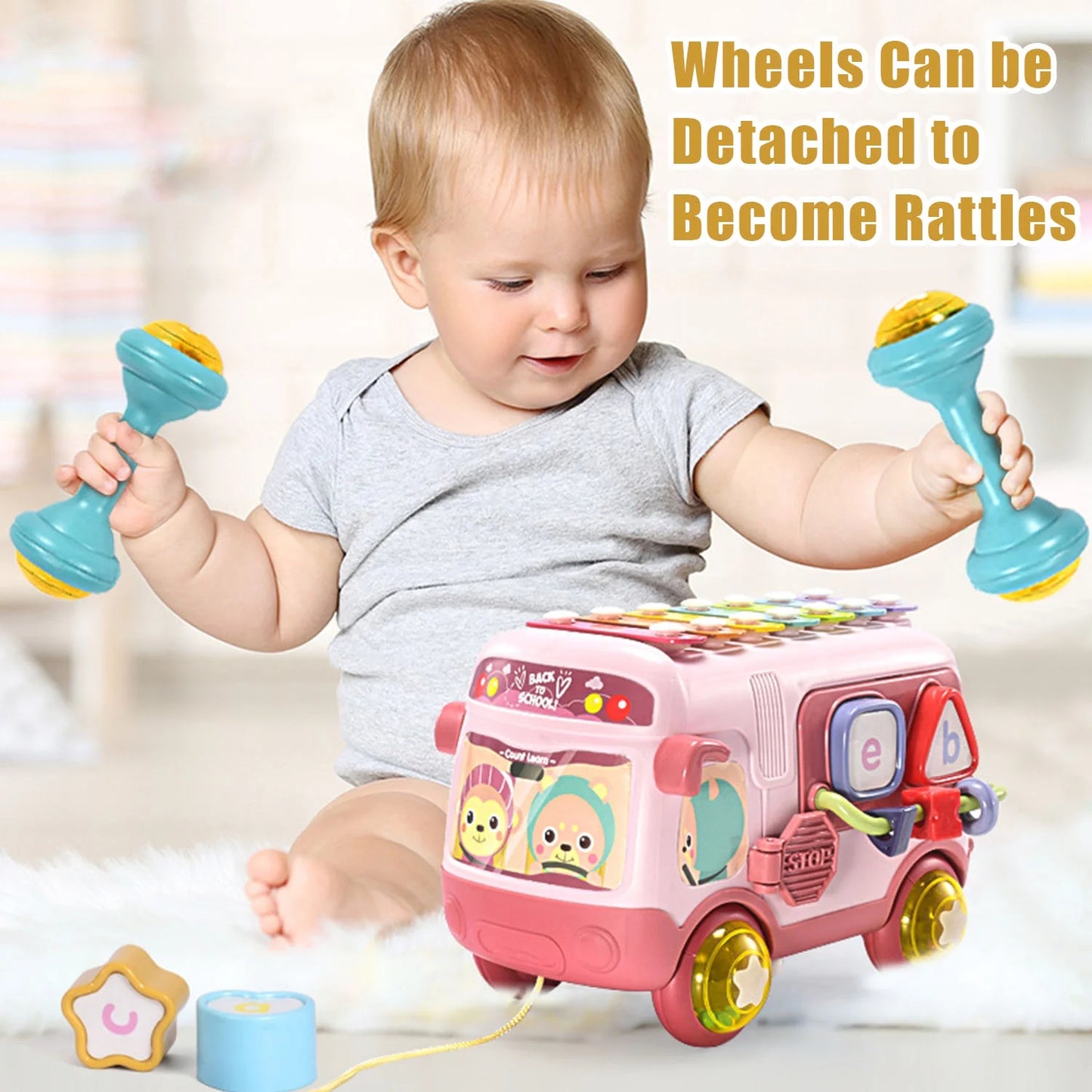 Sytle-Carry Toys for 1 Year Old Girls Boys, Toddler Music Bus Toy, Preschool Educational Toys for 18+ Month Baby