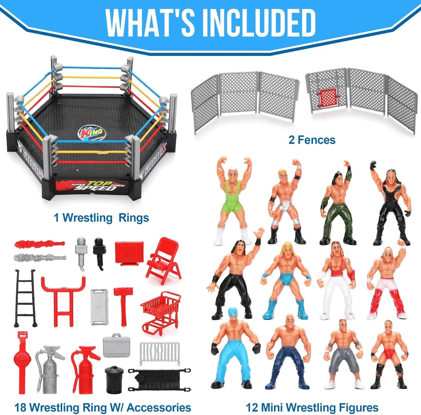 34PCS Wrestling Toys for Kids - Action Figures For Boys Age 3-12 - Wrestler Warriors Toys, 12 Wrestling Action Figures, 2 Wrestling Ring, 20 Realistic Accessories for Birthday Gift Cake Toppers