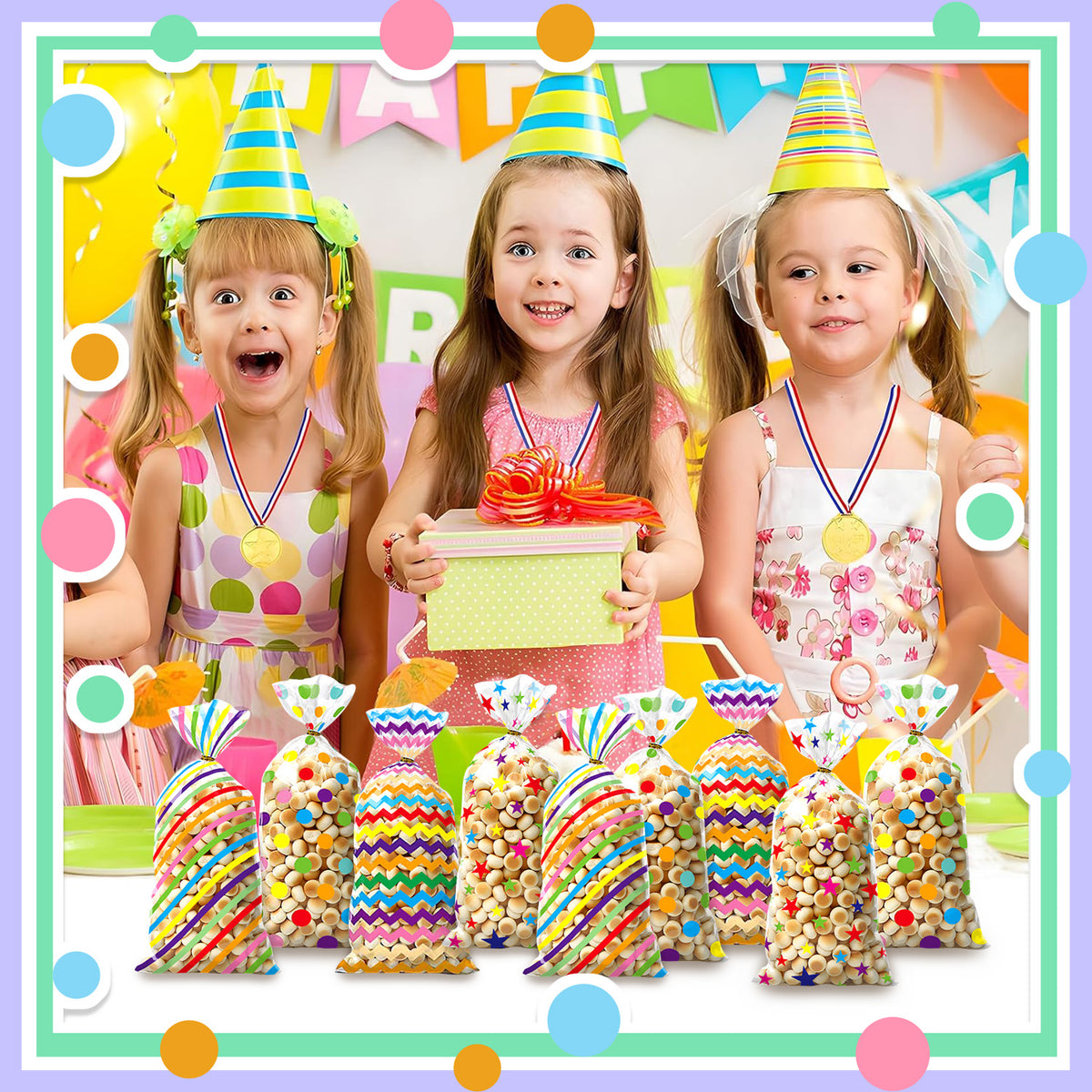 100 Pcs Transparent Rainbow Colors Cellophane Treat Bags with Gold Twist Ties, 10.6" x 4.9" Plastic Candy Cookie Snack Goodie Gift Bags for Party Favors