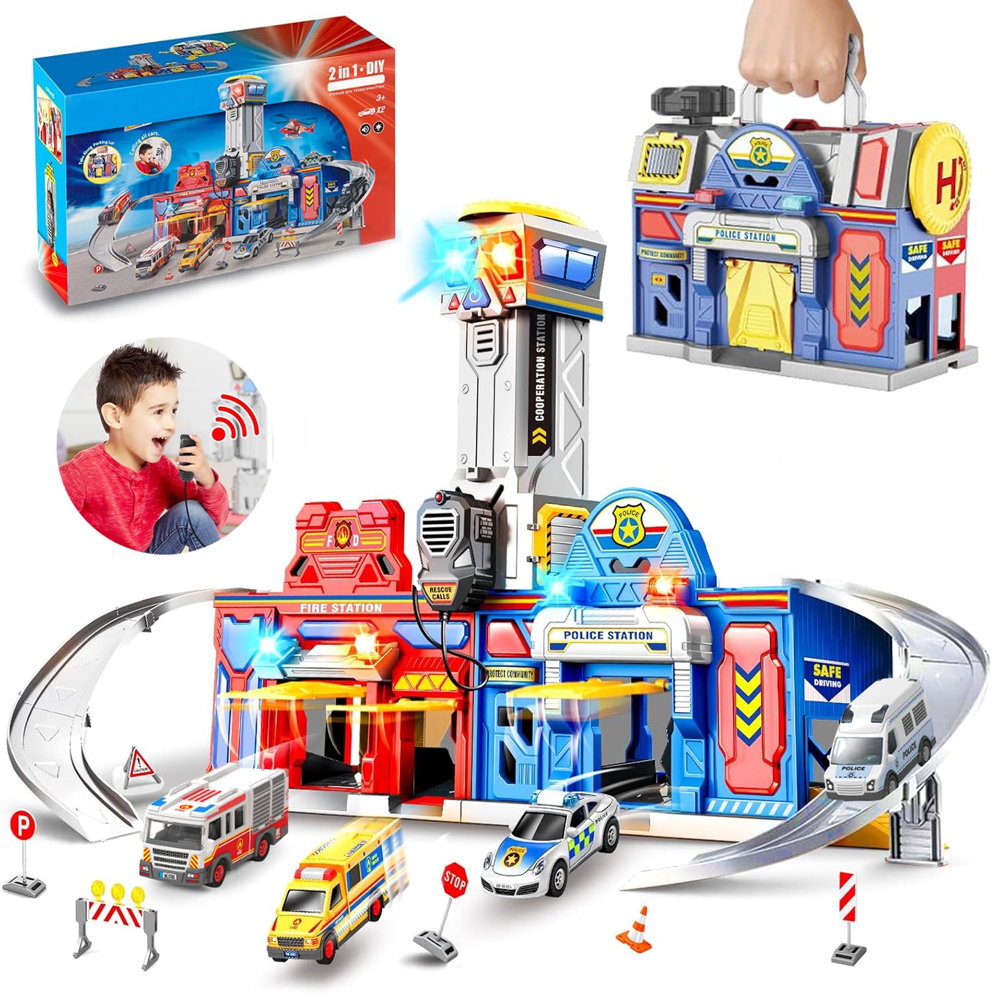 Toys for 3 4 5 6 Years Old Boys - Car Toddler Playset - Police & Fire Station Transform Track Toy - Birthday Gift for Boys 3-6 Years