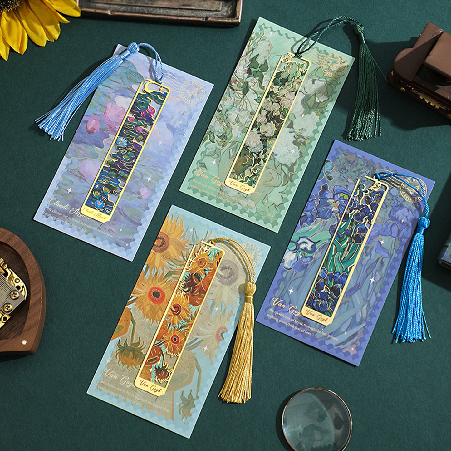 4 Pcs Metal Bookmarks with Tassel, Oil Painting Theme Book Markers for Bible Book Accessories, Golden Hollow Book Marks for Book Lovers, Reading Men Women, Writers, Readers