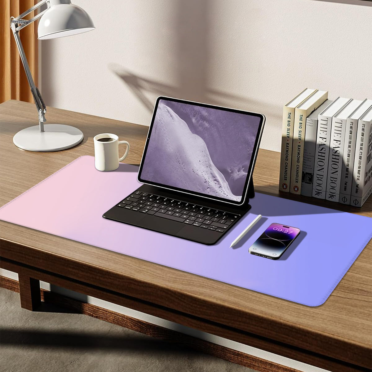 Large Desk Mat, Non-Slip Rubber Desk Pad Mat Protector for Mouse and Keyboard, Pink Purple Gradient Mousepad with Stitched Edges for Gaming and Office Desk Accessories, 31.5×11.8 Inches