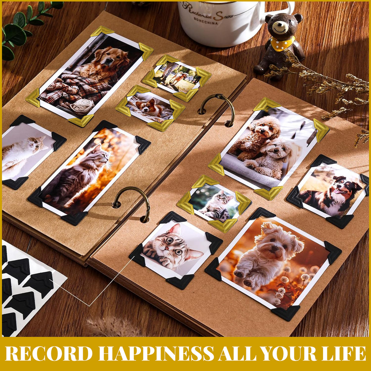720 Pcs Self-Adhesive Photo Mounting Corners, Black and Gold Picture Corner Stickers for DIY Craft Scrapbook Album Decor Supplies