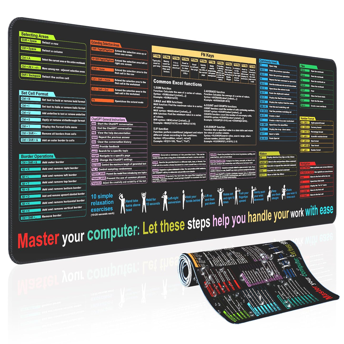 Excel Cheat Sheet Desk Mat, Large XL Waterproof Keyboard and Mouse Pad with Excel Shortcuts, Gaming Accessories for Computer Desk, 31.5×11.8 Inches
