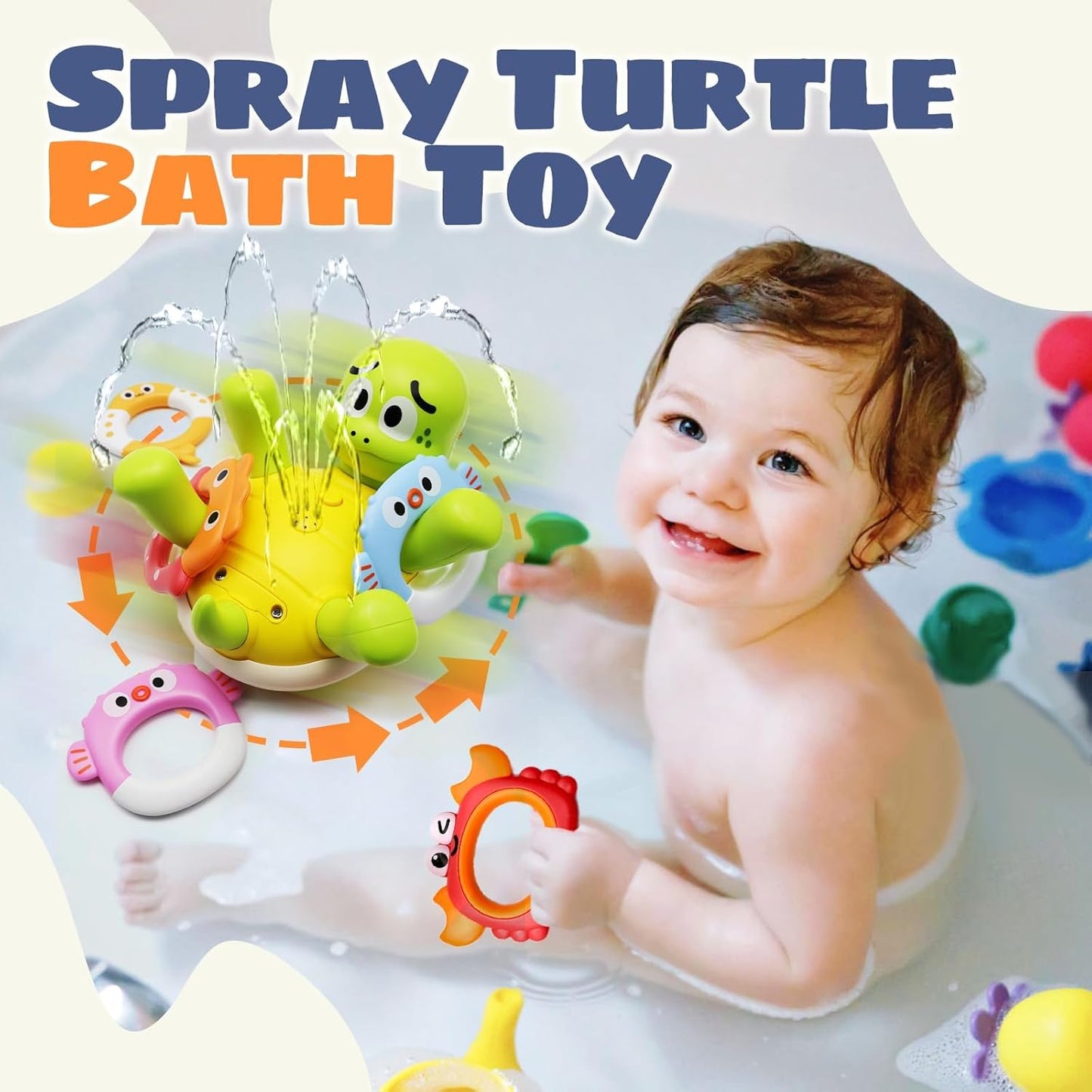 Bath Toys for Toddler 1-3, Sprinkler Turtle Bath Toy with 5 Rings, Spray Wter Toys for Kids Ages 1 2 3 4 5 Year Old Girl Boys Gifts