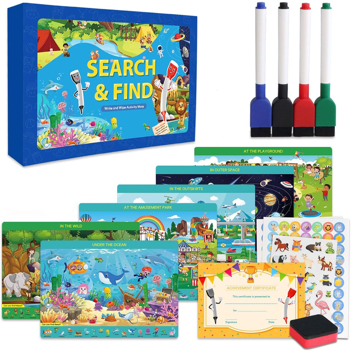 Style-Carry Educational Game for Kids, Search and Find Toy for Toddler 3 4 5 6 7 Years Old Reusable Preschool Learning Activity Mats, Kindergarten Gift for Boy Girl Ages 3-6