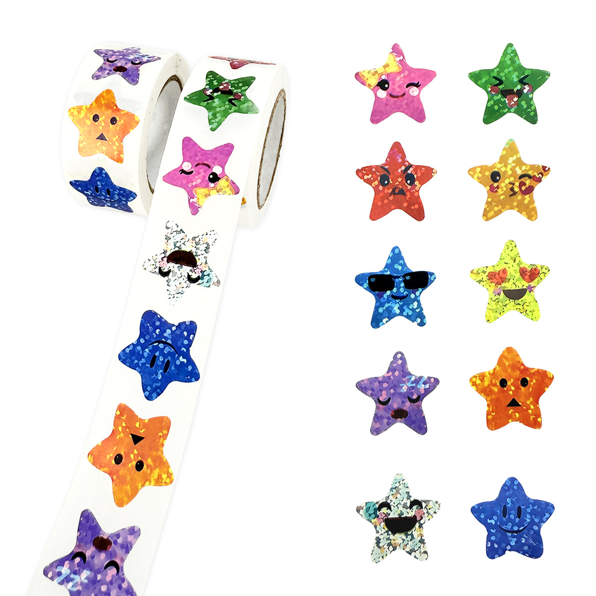 2 Rolls 1000 Pcs Star Expression Stickers for Reward, 1 inch 10 Colors Sparkly Foil Holographic Face Stickers, for Crafts Teacher Essential Supplies