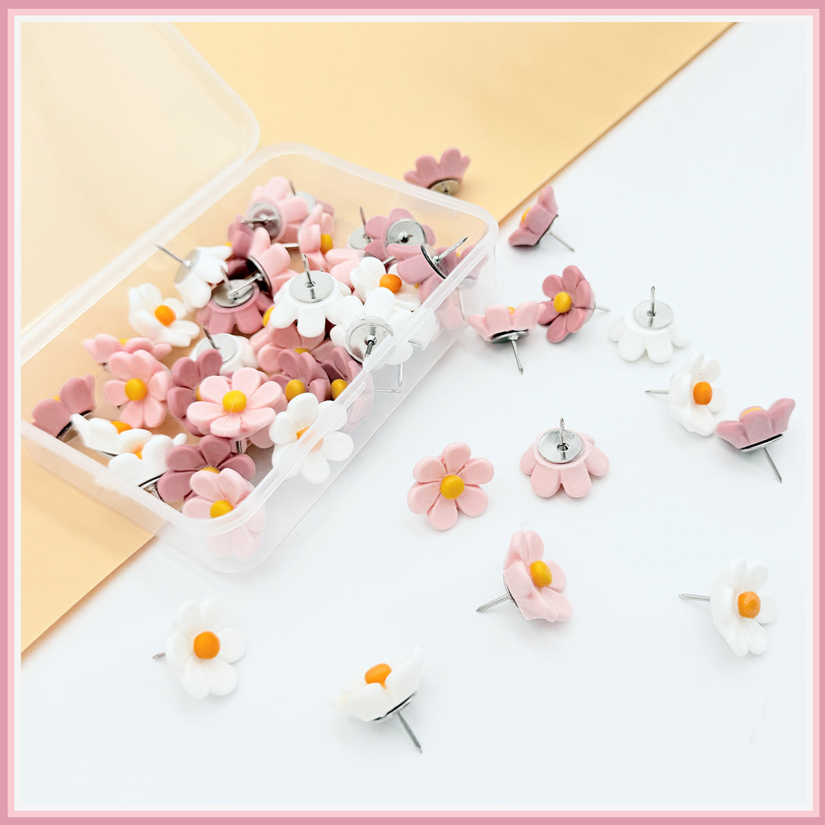 50 Pcs Boxed Pink White Flower Push Pins, Decorative Cute Wall Thumb Tacks for Cork Board, Bulletin Board, Hanging Photo Poster, Office Supplies
