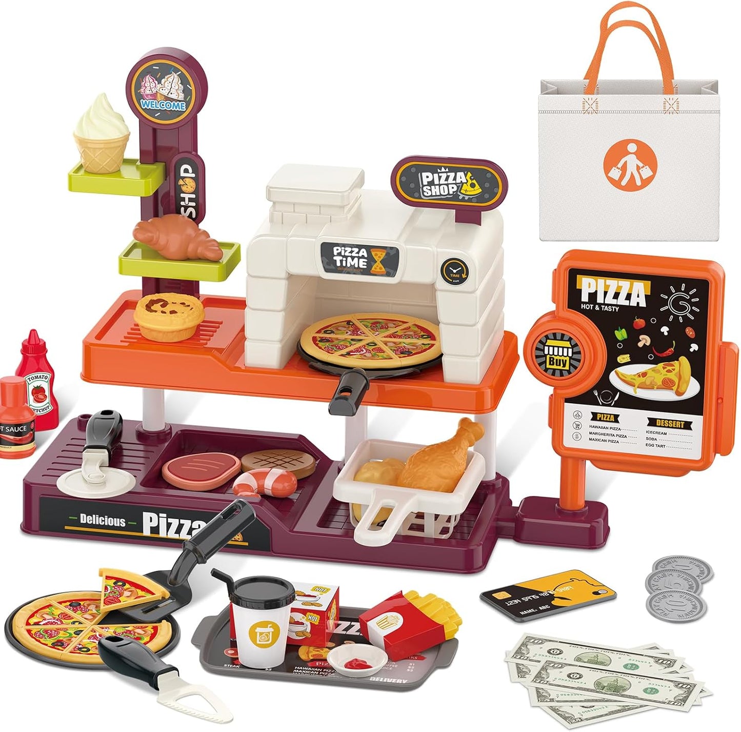 Style-Carry Pretend Play Pizza Store Toy for Kids, Pretend Play Food Accessories, Kitchen Cooking Playset, Gift for 3 4 5 6 7 Years Old Boys Girls