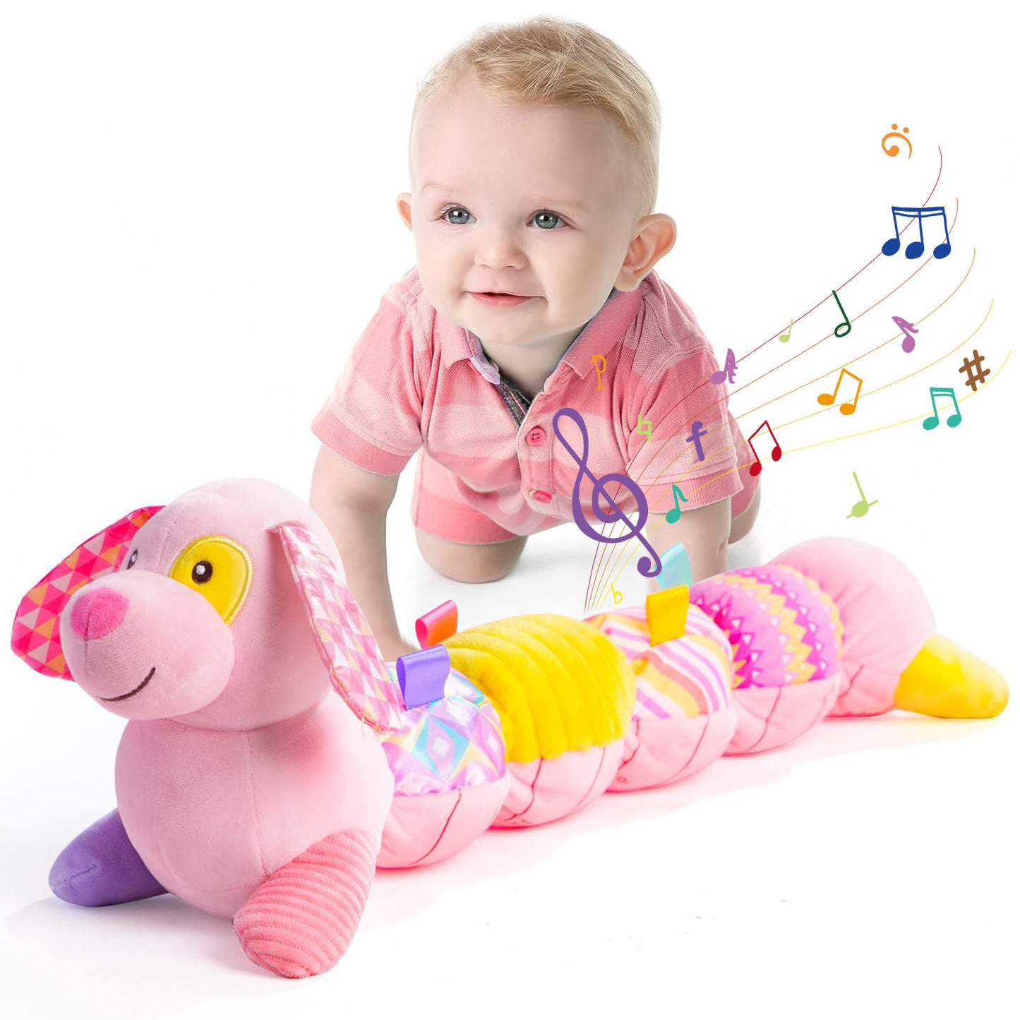 Baby Musical Stuffed Animal Toys 0-12 Months, Pink Puppy With Multi-Sensory Crinkle, Baby Newborn Toys for 0-2-4-6 Months Boys Girls, Plush Infant Sensory Toys Gift