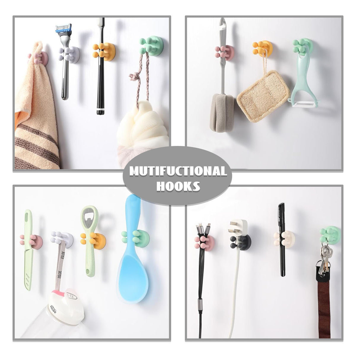 6Pcs Silicone Toothbrush Holders, Towel Razor Holder for Shower, Wall Mounted Self-Adhesive Waterproof Multifunctional Hook for Bathroom Kitchen Living Room