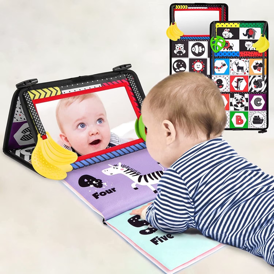 Baby Toys 6-12 Months, Tummy Time Mirror Books with Teether, Montessori Sensory Toy for Infant 3-6 Gift