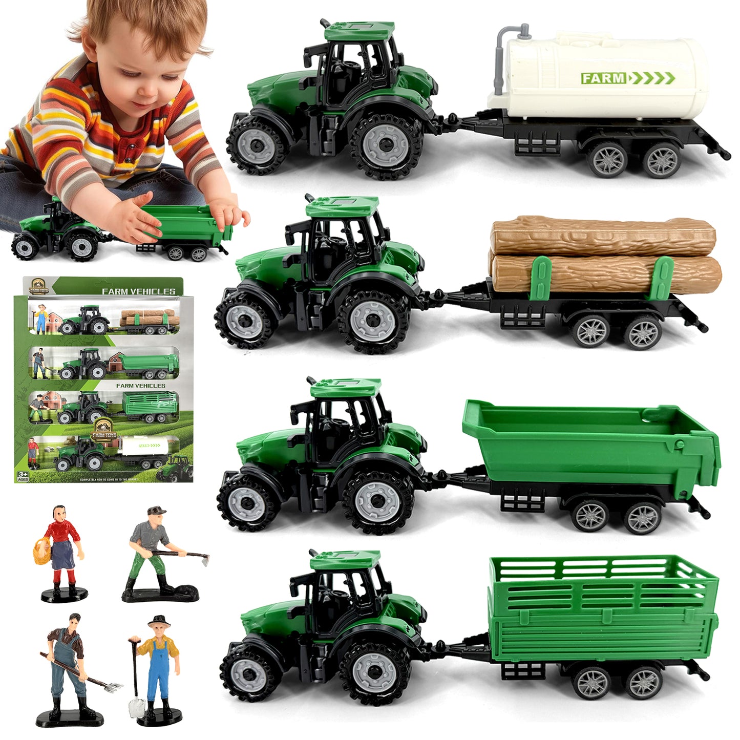 4 Pcs Farm Tractor Toy, Toddlers Farm Toys Tractor Vehicles with Trailer, Truck Toys for Kids 3-6 Years Old, Birthday Gift & Party Favors