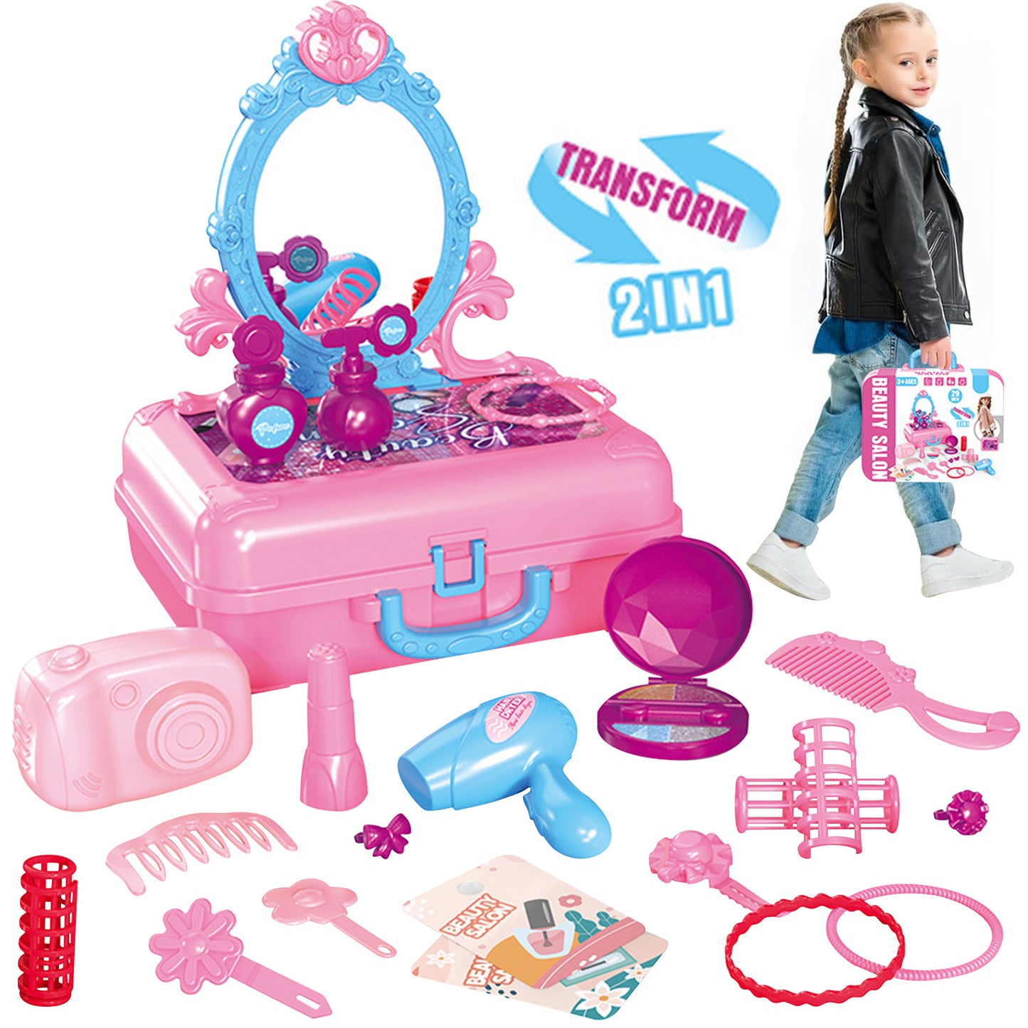 Pretend Play Toys for Toddler Girls Kids Makeup Vanity Set Toddler Toys Ages 2 3 4 5 6, Little Princess Portable Toddler Vanity Set Toys for Girls 3-6 Years