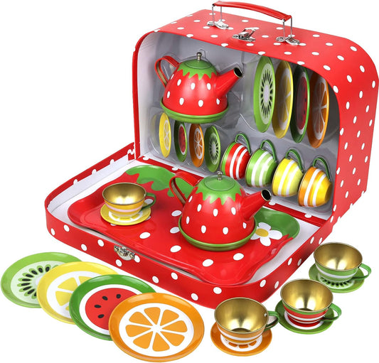 Style-Carry Kids Tea Set for Little Girls, Princess Tea Party Set for Toddlers Flower Design Toy Tea Set, Pretend Play Toys for Girls 3 4 5 6 Year Old Toddlers (Fruit)