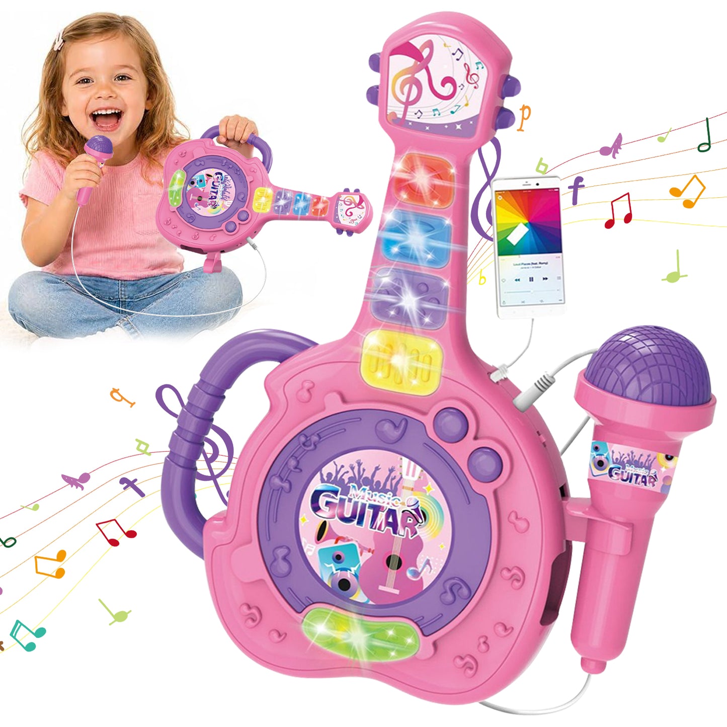 Toys for 1 2 3 Year Old Boys Girls, Musical Guitar Toys with Microphone, Toddler Toys 1-3 for Girls Boys, Birthday Gifts Early Learning Toys for 2 3 4 5 Year Old Girls