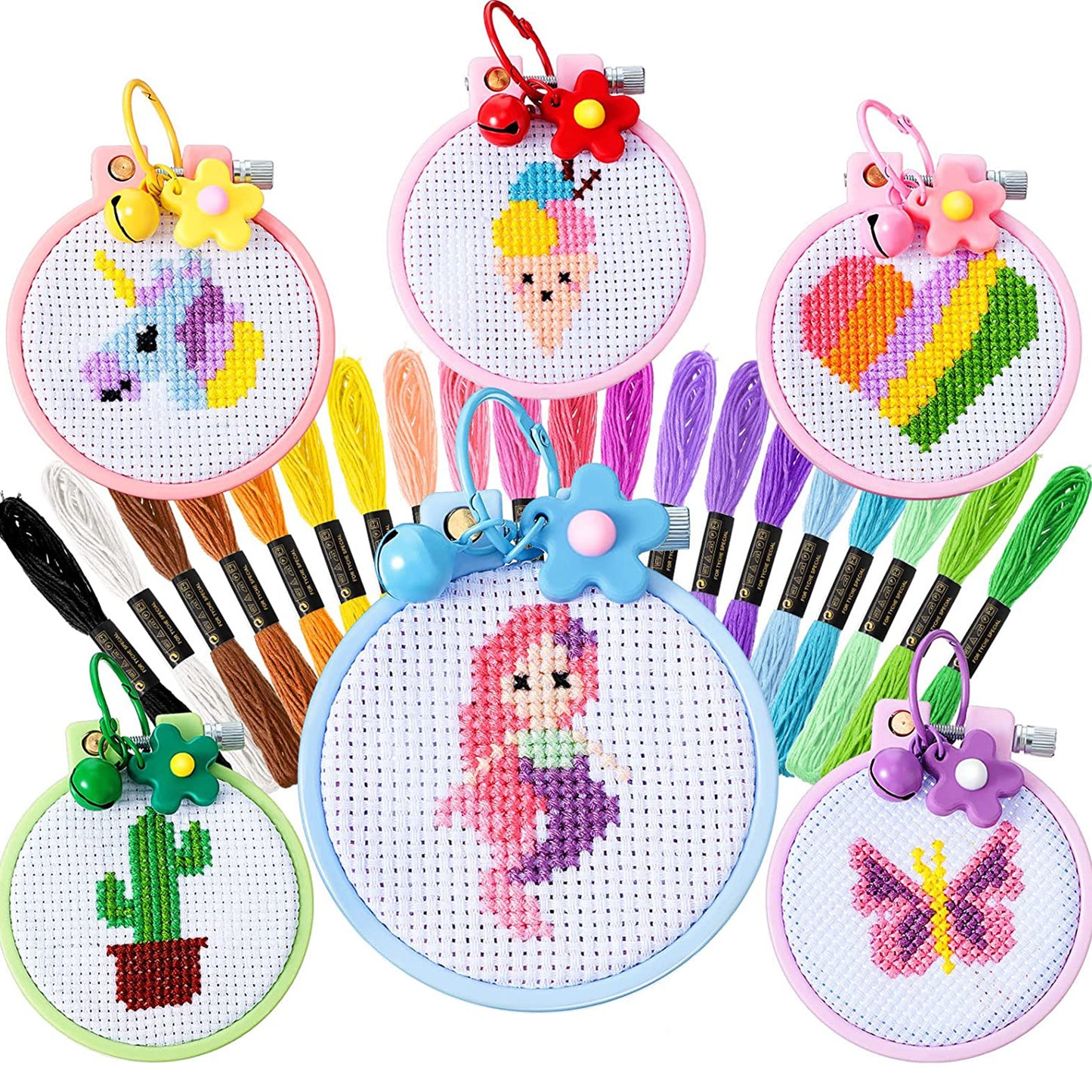 Style-Carry 6 Pcs Cross Stitch Kits for Kids 6-12, Embroidery Kit, Stamped Cross Stitch Needlepoint Starter Kits for Backpack Charms, Ornaments and Needle Craft