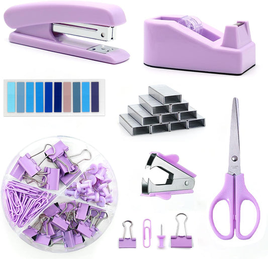 Office Supplies Set, Desk Organizers and Accessories Kit with Staple Remover, Stapler, Tape Dispenser, Staples, Clips, Scissor and Tabs Supplies