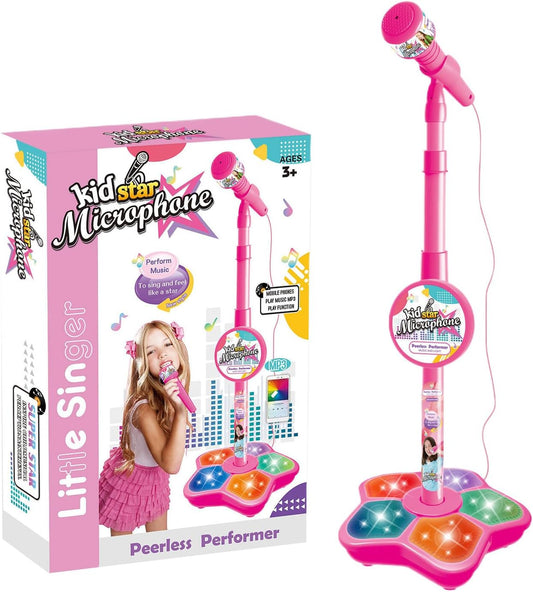 Karaoke Machine for Kids, Singing Microphone for Girls 3-6 Years Old, Microphones and Adjustable Stand, Stage Lights and Pedals for Fun Musical Effects