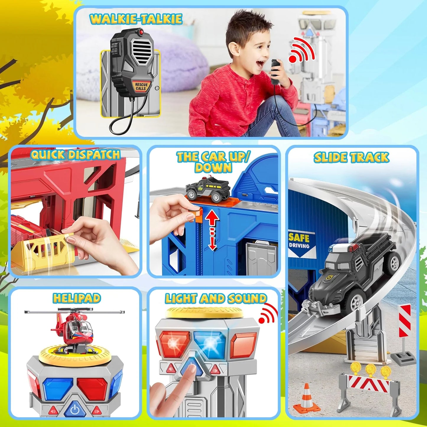Toddler Toy for 5 Year Old Boys, Police & Fire Station Transform Track Toy with 4 Cars, Birthday Gifts Boys Toys Ages 3-5, 5-7