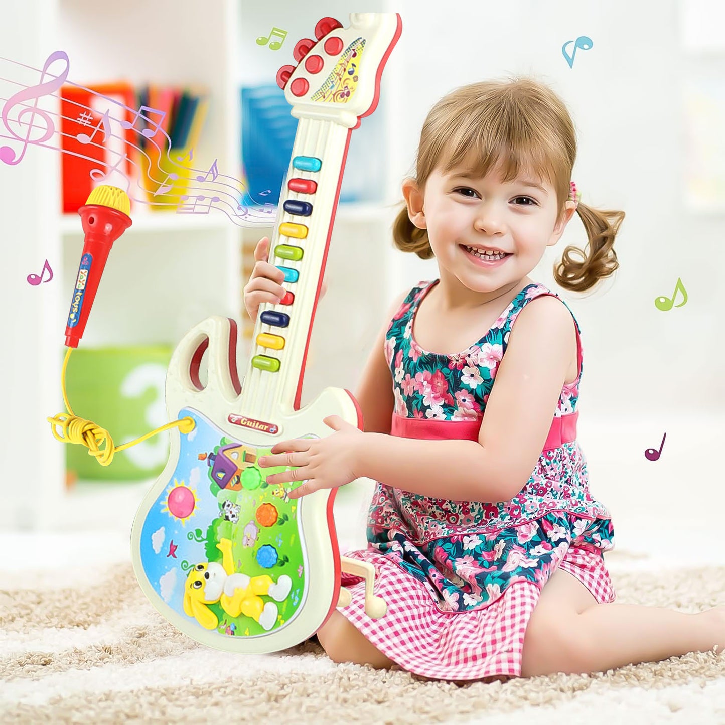 Style-Carry Toddler Guitar and Microphone Toys, Pretend Play Musical Instruments Educational Toys for Age 2 3 4 5 6 Girls Boys, Light and Sound Gifts