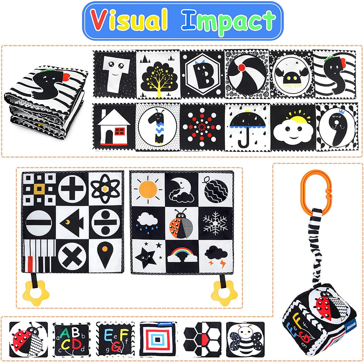 Black and White High Contrast Baby Toys 0-3 Months for Newborns, Montessori Learning Toys for 1 Years Old, Babies Sensory Soft Book for Early Education, Infant Tummy Time Toys 0-6-9 Months Baby Gifts