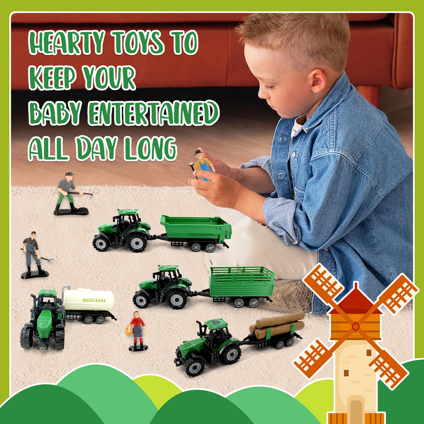 4 Pcs Farm Tractor Toy, Toddlers Farm Toys Tractor Vehicles with Trailer, Truck Toys for Kids 3-6 Years Old, Birthday Gift & Party Favors