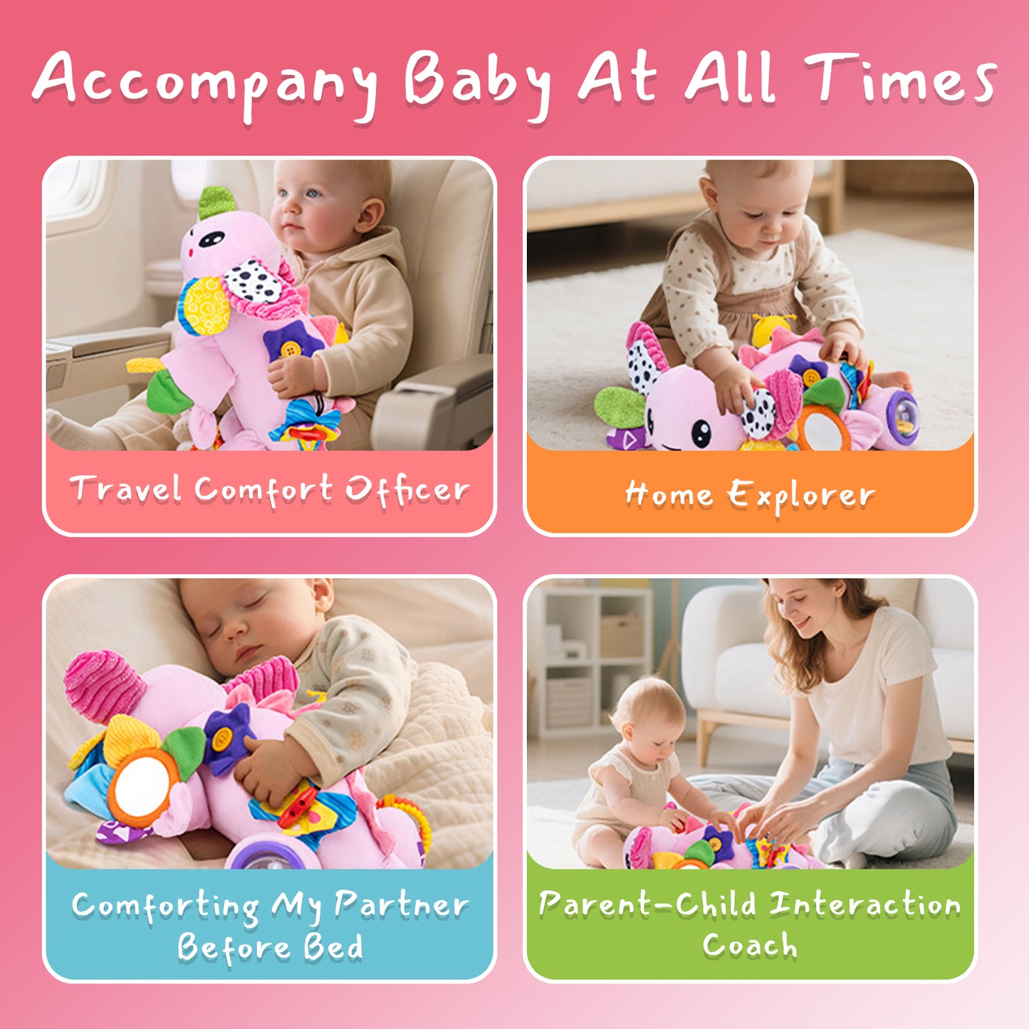 Baby Girls Toys 6-12 Months, Sensory Music Animal Stuffed Toy, Crinkle Mat Mirror & Teethers for Tummy Play Time, Crawling Toy for Infant 6-9-12 Months