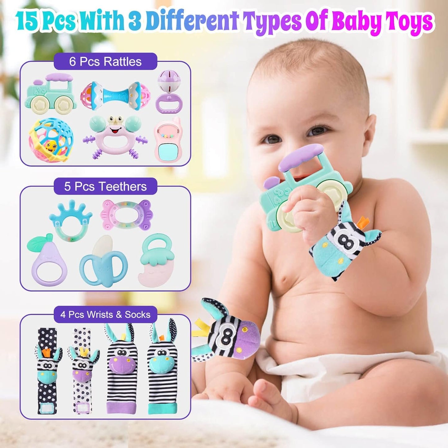 Baby Toys 6-12 Months - 15 PCS Teether Rattle Sensory Toy for 3-6 Month Baby Boy Girl Christmas Gifts Wrist Socks for Baby Shower Gift