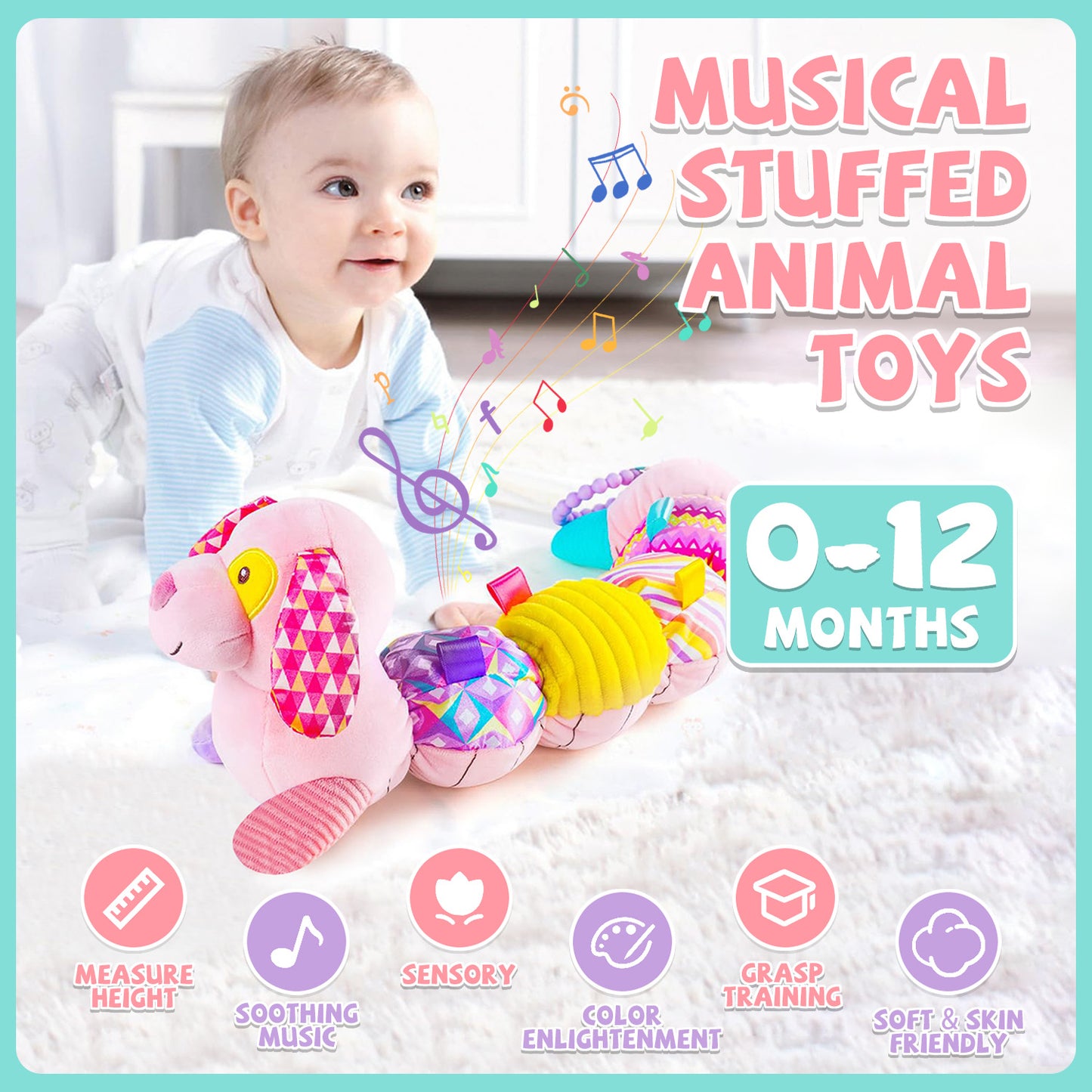 Baby Musical Stuffed Animal Toys 0-12 Months, Pink Puppy With Multi-Sensory Crinkle, Baby Newborn Toys for 0-2-4-6 Months Boys Girls, Plush Infant Sensory Toys Gift