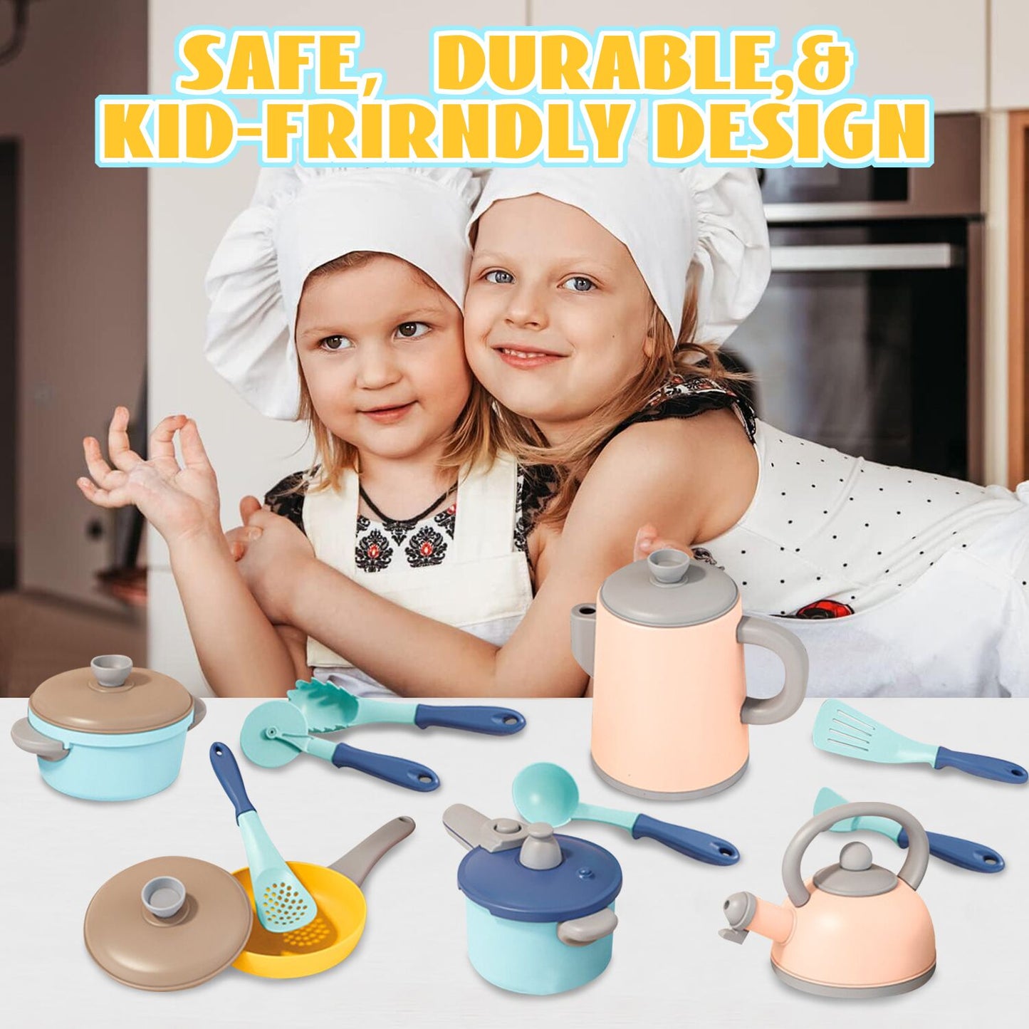 Kids Pretend Play Kitchen Accessories Toys Set, Cookware Pots and Pans Cooking Utensils Playset Toys for 2 3 4 5 6 Year Old Kids Girls Boys Toddlers