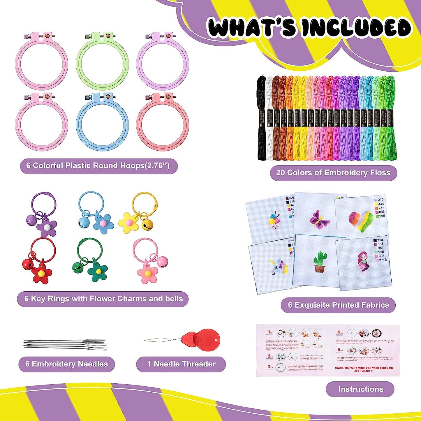 Style-Carry 6 Pcs Cross Stitch Kits for Kids 6-12, Embroidery Kit, Stamped Cross Stitch Needlepoint Starter Kits for Backpack Charms, Ornaments and Needle Craft