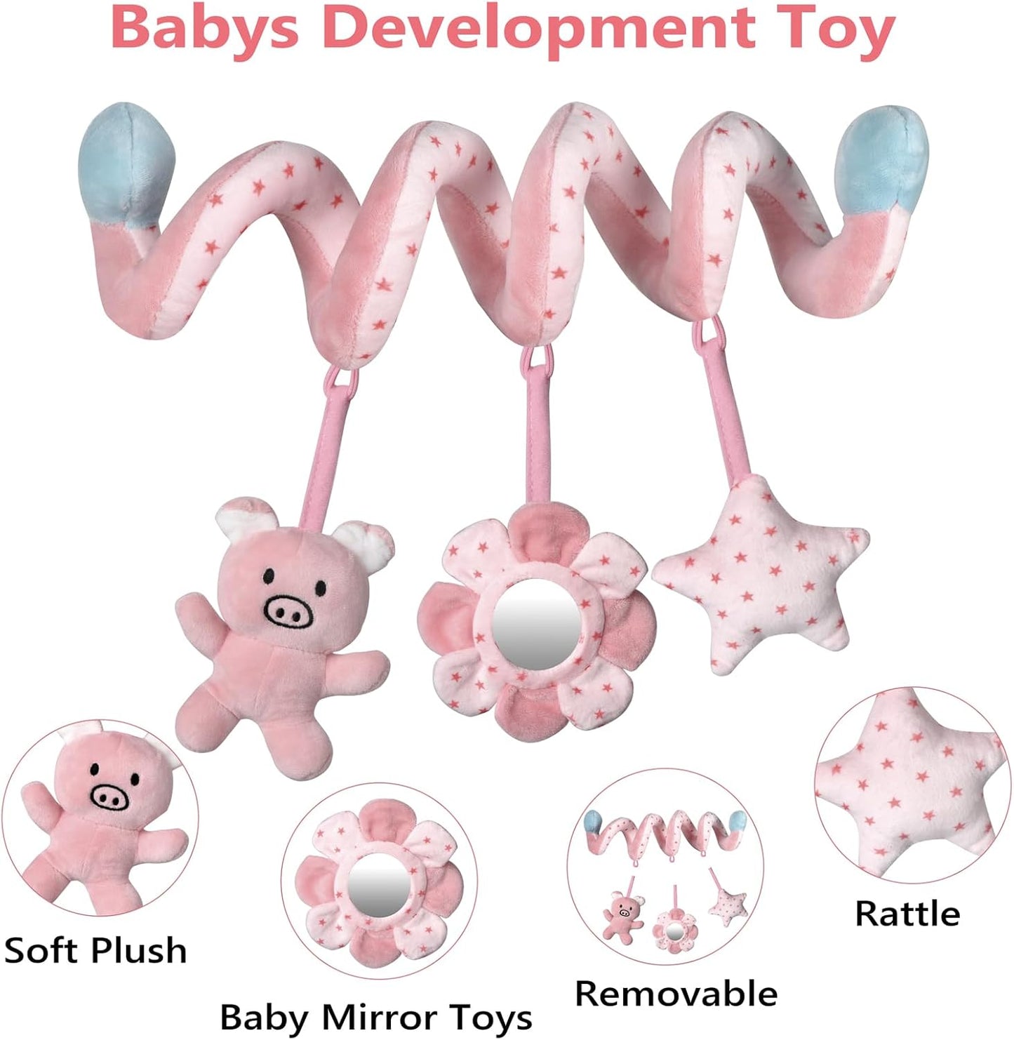 Car Seat Toys for Baby 0-6 Months, Pink Piggy Spiral Plush Toy for Crib Carseat with Mirror Rattles Baby Essentials
