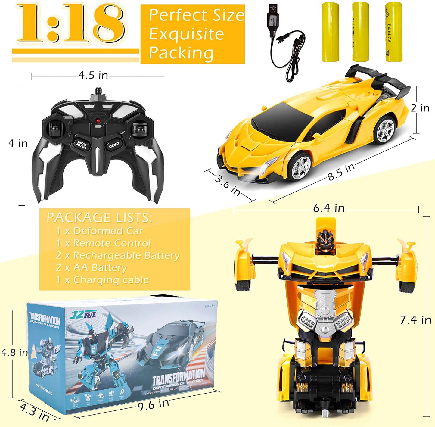 Remote Control Cars, Transform Robot RC Cars, One-Button Deformation and 360 Degree Rotating Drifting, Boys Toys Ages 4 5 6 7 8 9 Year Old