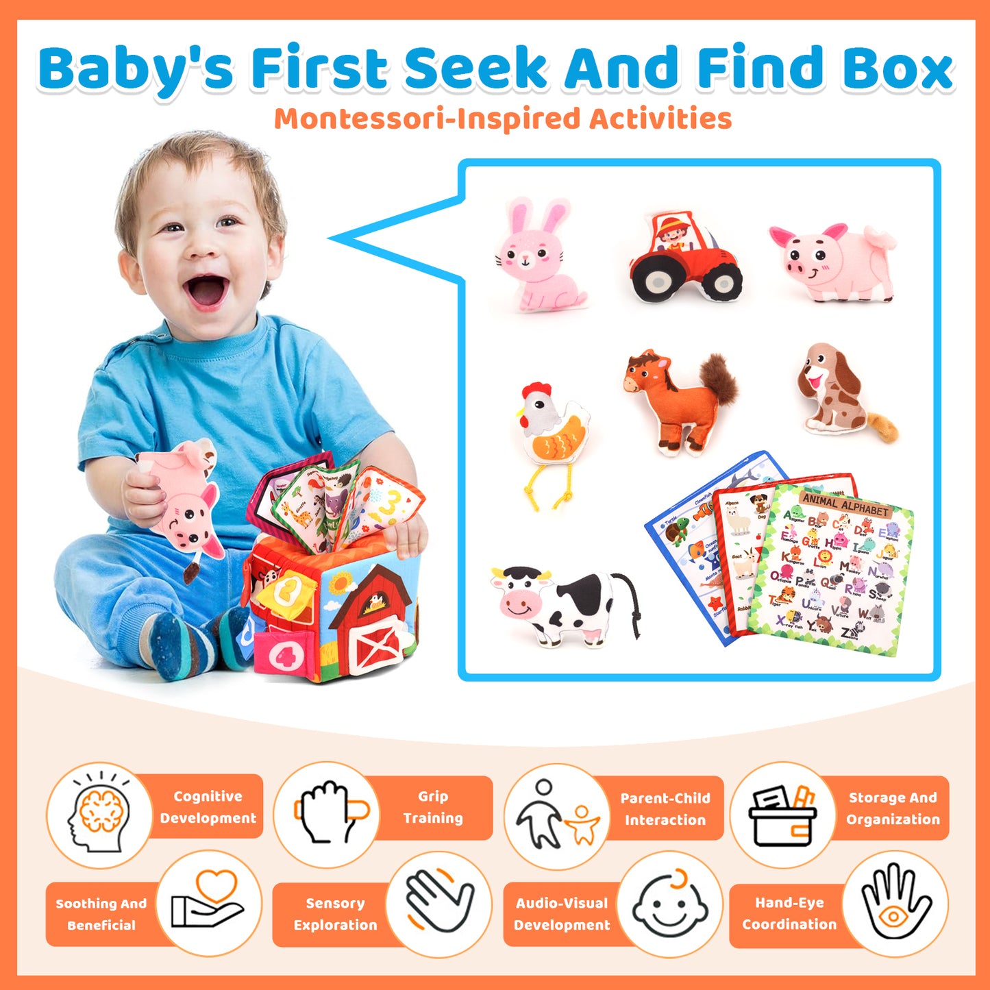 Baby Toys 6-12 Months, Soft Barn Toy with Stuffed Farm Animals, Montessori Toy for 1 Year Girls Boys, Toddlers Learning Toy