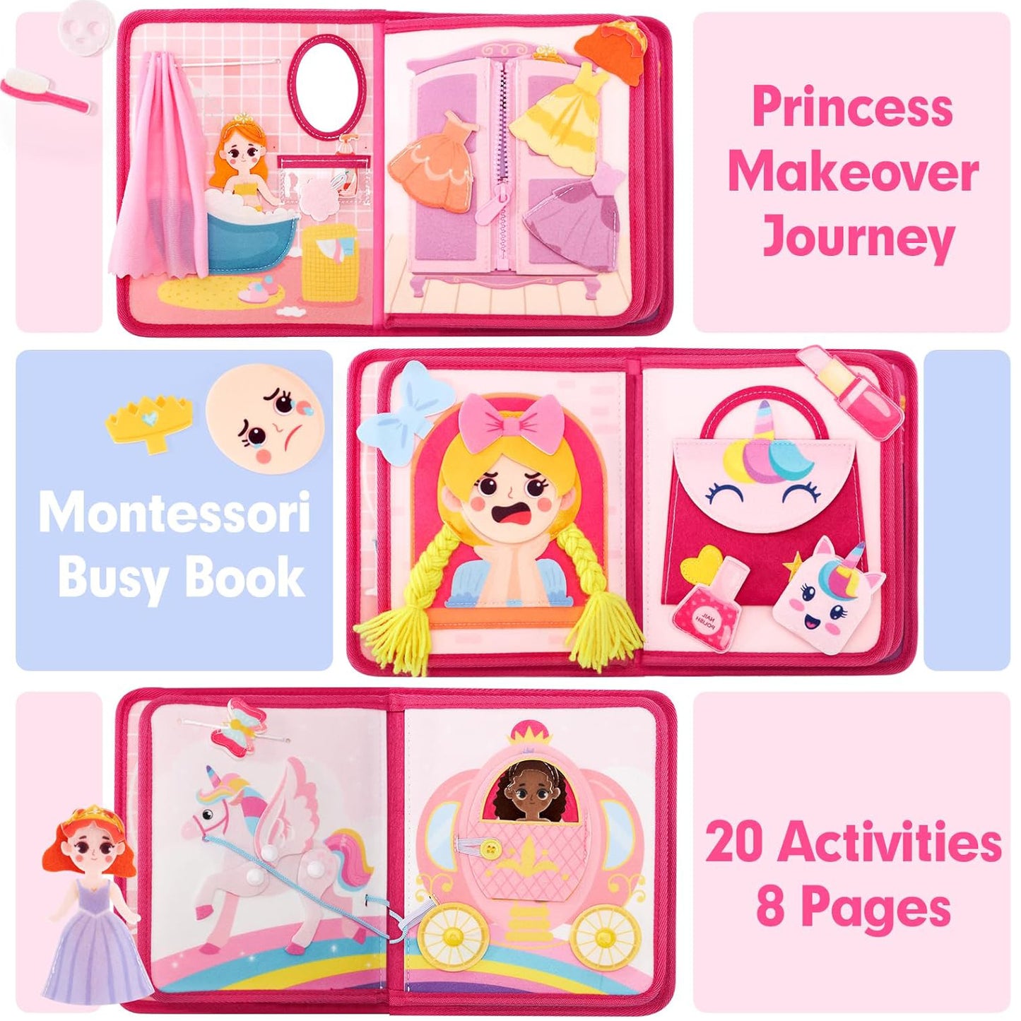 Busy Board Princess Toy for Toddlers 1-3, Montessori Toys for 1 2 3 4 Year Old Girls, Preschool Learning Toy for Kids Girls 2-4