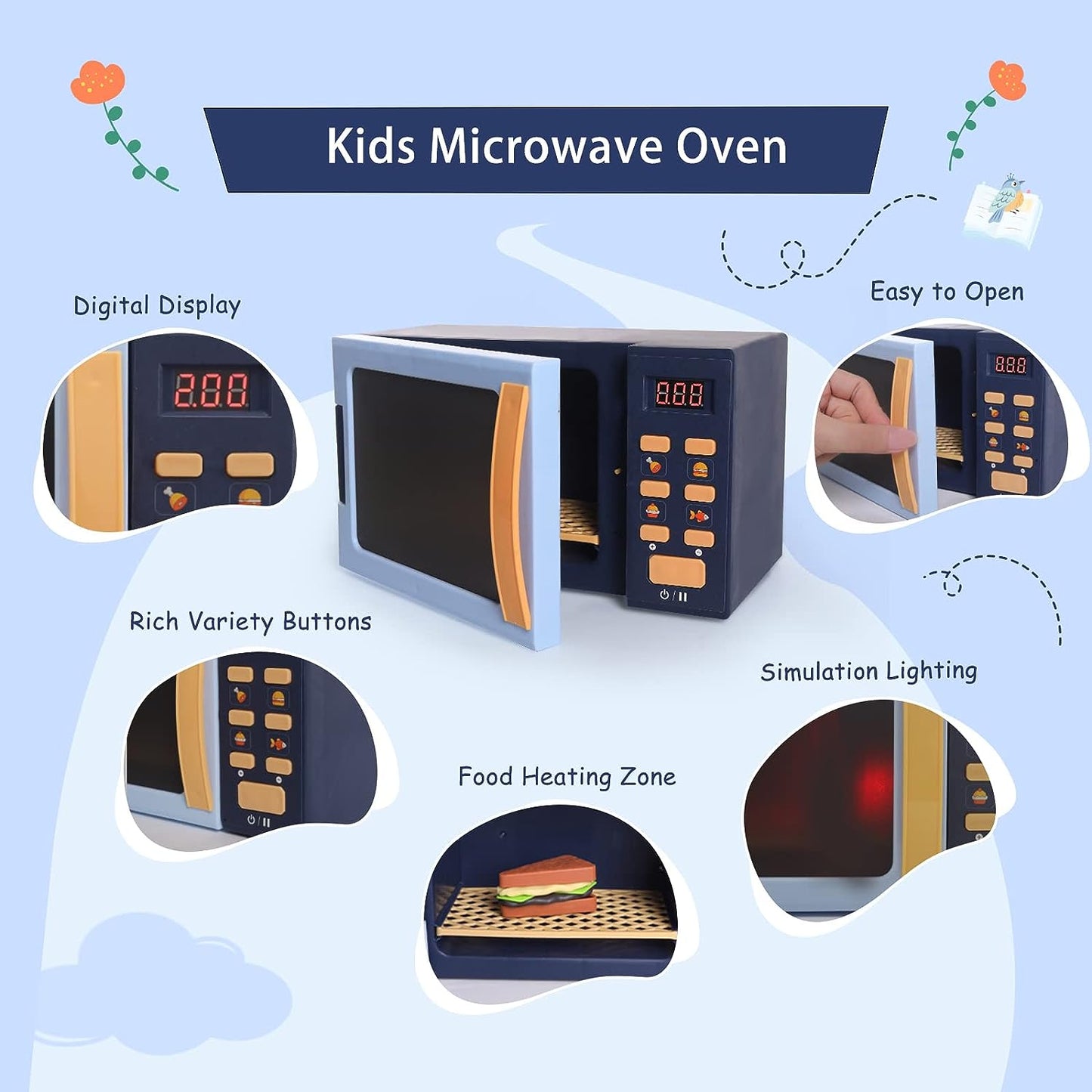 Style-Carry Kids Microwave Toy, Toy Kitchen Appliances, Play Kitchen Accessories and Play Food for Toddlers 3-8 Year Old Girls Boys (Blue)