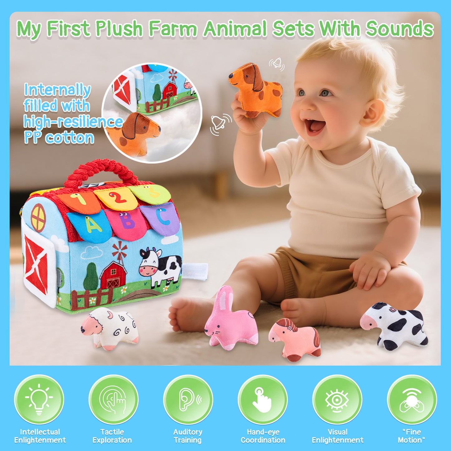 Baby Toys 6-12 Months, Soft Barn with Stuffed Farm Animals, Sensory Montessori Toy for 6 Month Girls Boys, Learning Toy for 1 Year Old Toddler