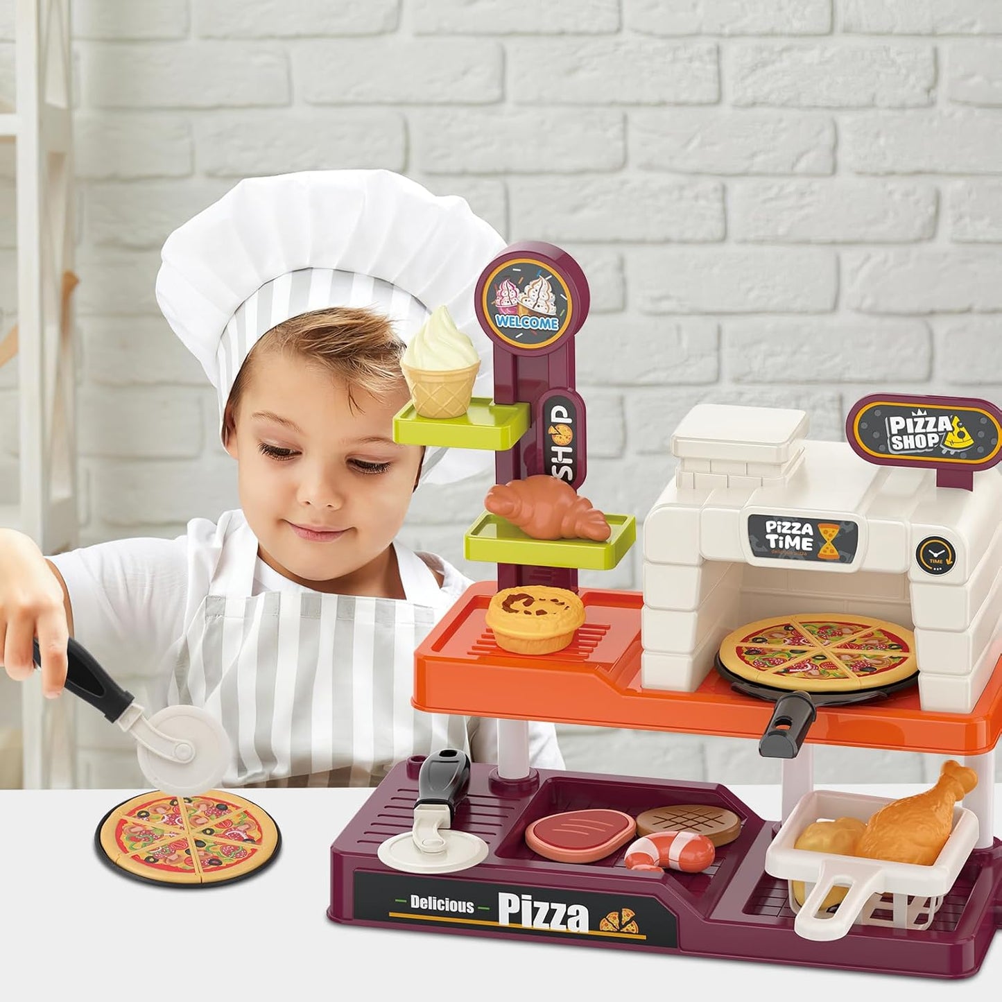 Style-Carry Pretend Play Pizza Store Toy for Kids, Pretend Play Food Accessories, Kitchen Cooking Playset, Gift for 3 4 5 6 7 Years Old Boys Girls