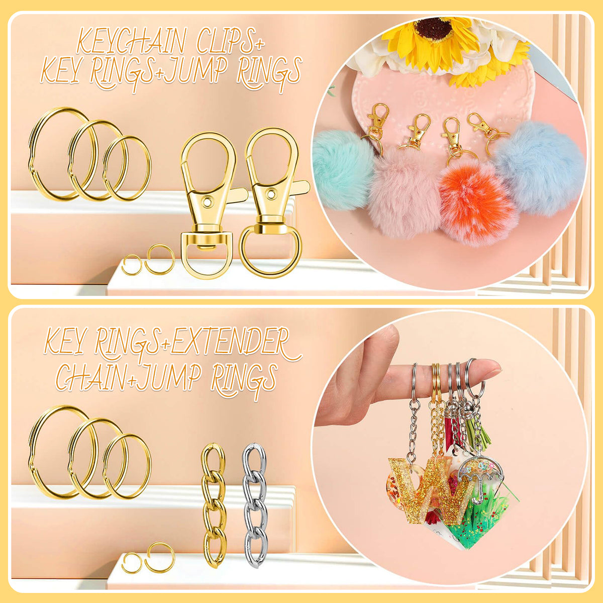 990 Pcs Boxed Metal Keychain and Jewelry Making Kit, Including Hooks, Lobster Clasps, Key Rings and Jump Rings for Craft Supplies (Silver, Gold)