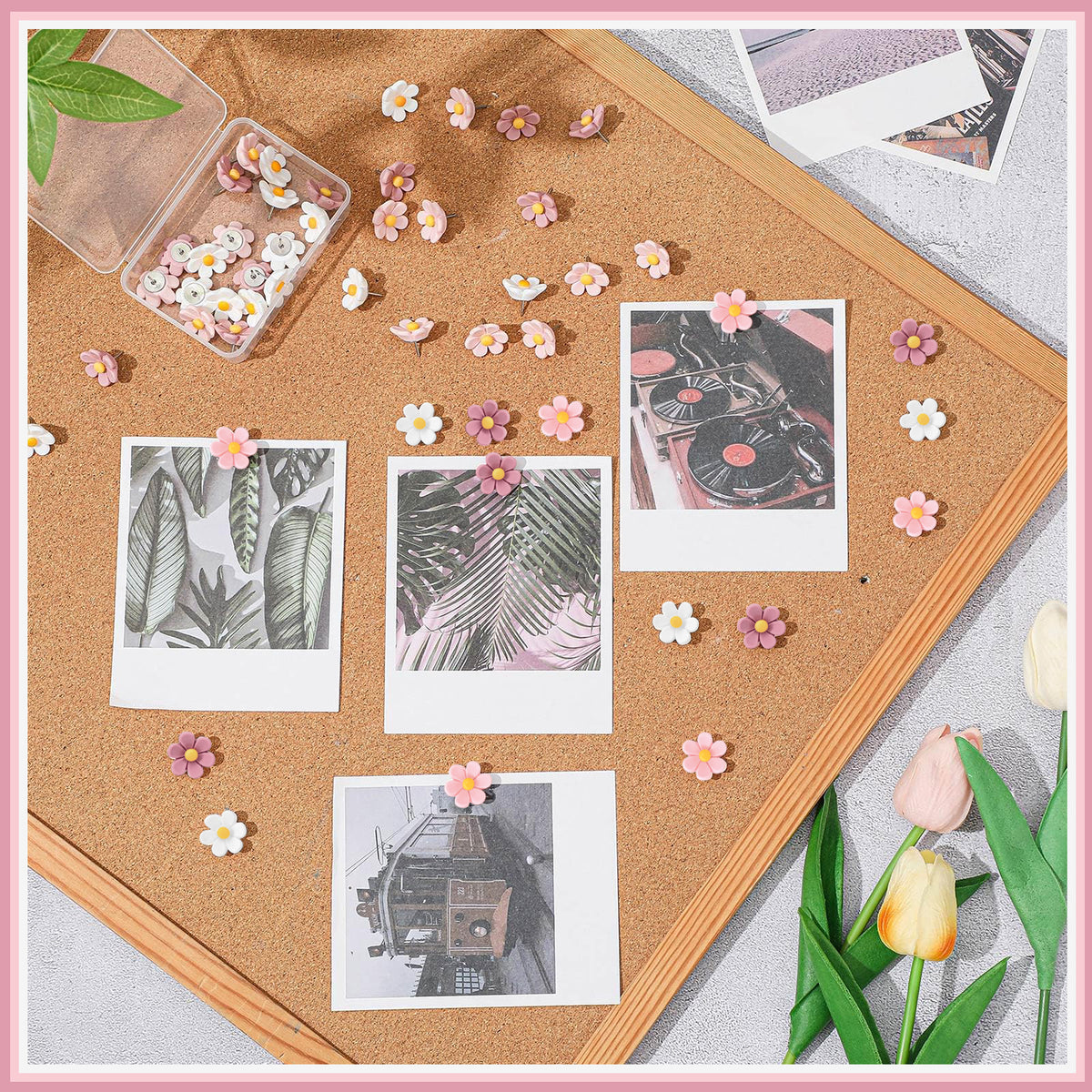50 Pcs Boxed Pink White Flower Push Pins, Decorative Cute Wall Thumb Tacks for Cork Board, Bulletin Board, Hanging Photo Poster, Office Supplies