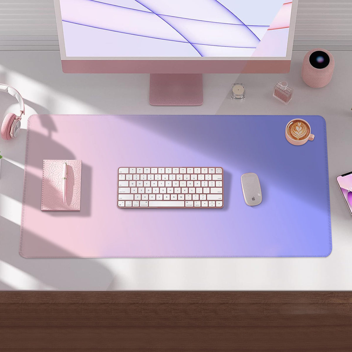 Large Desk Mat, Non-Slip Rubber Desk Pad Mat Protector for Mouse and Keyboard, Pink Purple Gradient Mousepad with Stitched Edges for Gaming and Office Desk Accessories, 31.5×11.8 Inches