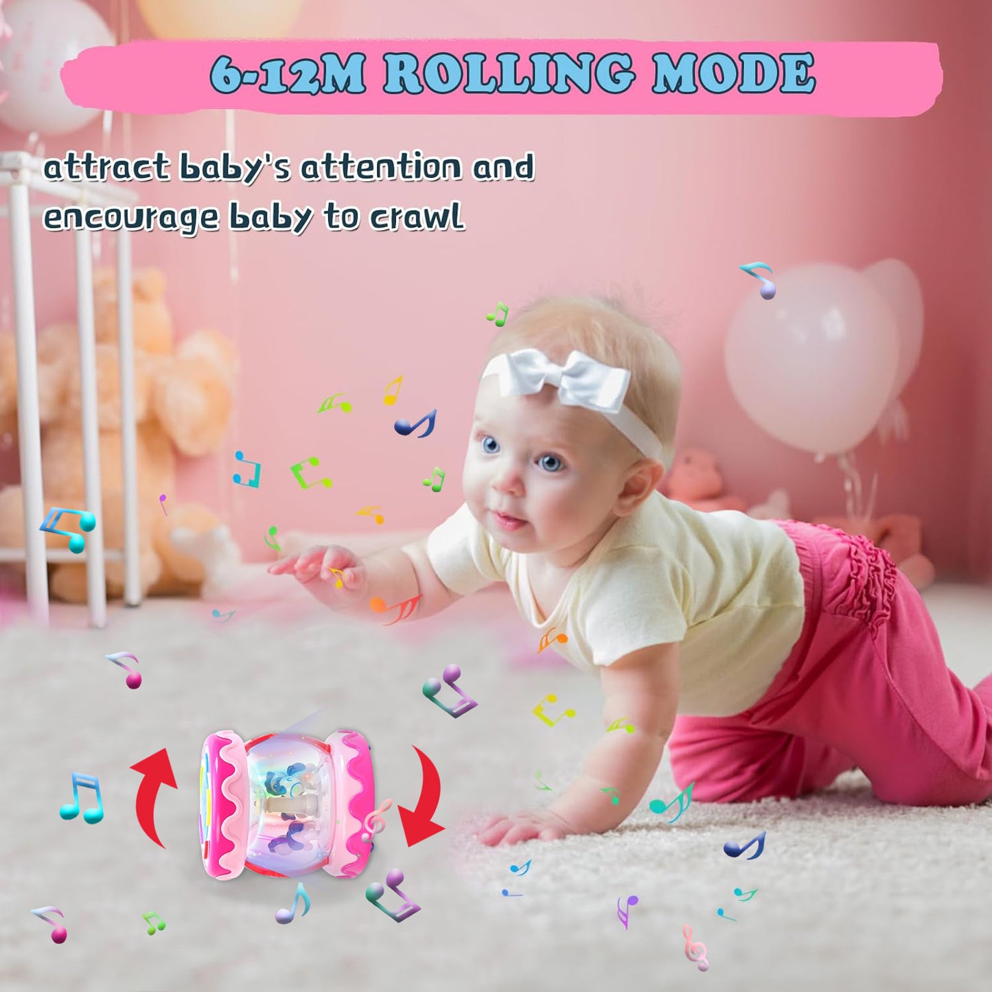 Style-Carry Baby Toys 6 to 12 Months, Musical Learning Infant Toys 12-18 Months - Rotating Light up Baby Music Crawling Toys Educational Toy for Girls