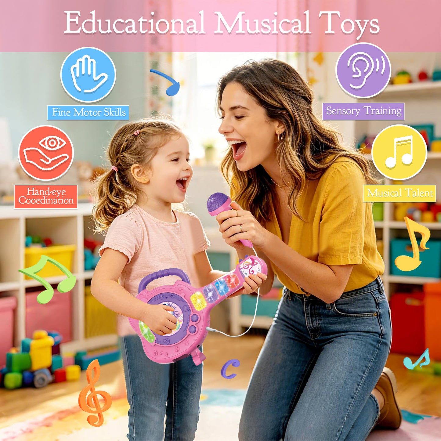 Toys for 1 2 3 Year Old Boys Girls, Musical Guitar Toys with Microphone, Toddler Toys 1-3 for Girls Boys, Birthday Gifts Early Learning Toys for 2 3 4 5 Year Old Girls