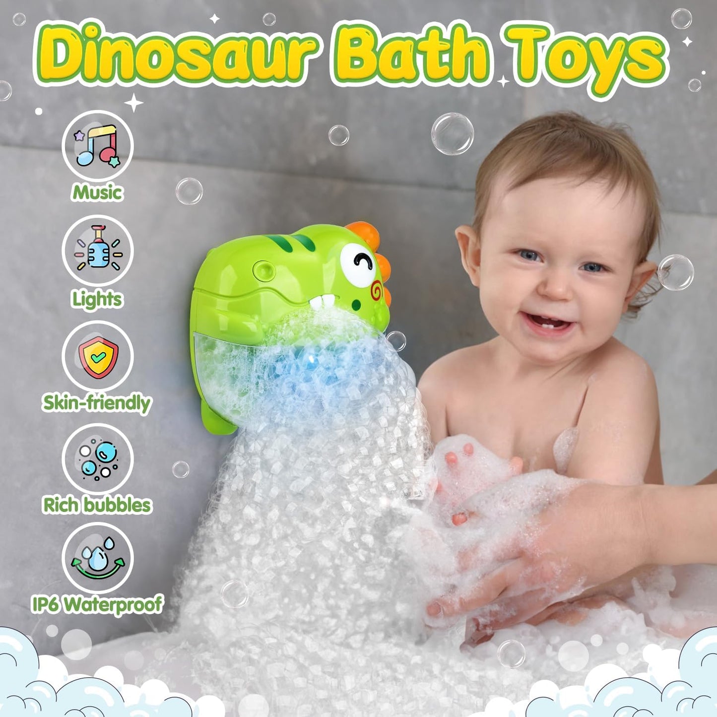 Baby Bath Toys, Dinosaur Bubble Machine Toys with Music, Light Up Bathtub Toys for Toddlers 1 2 3 Years, Bubble Maker Gift for Boys Girls