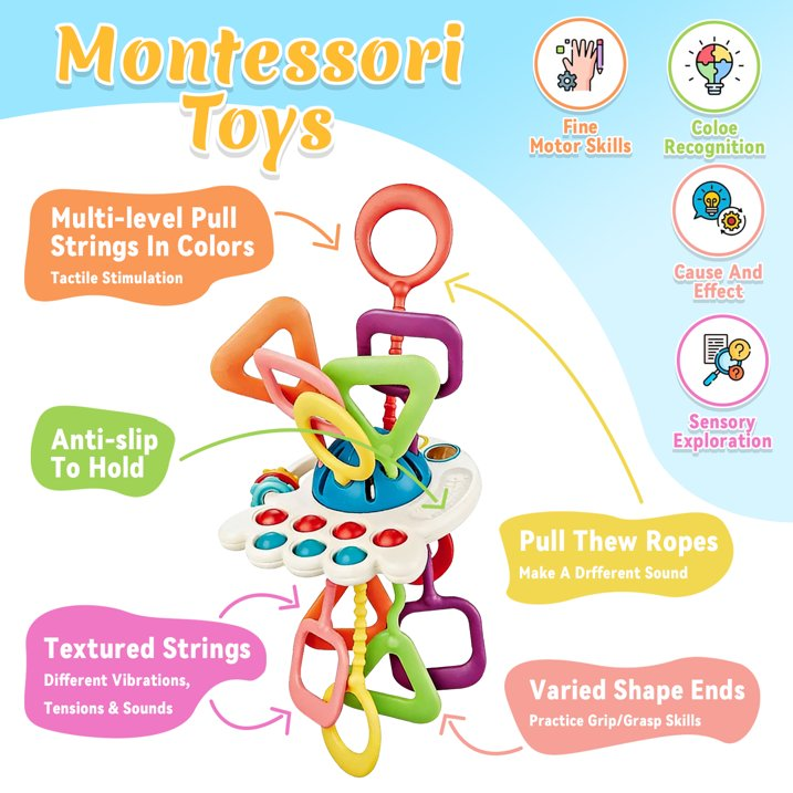 Baby Sensory Toys 6-12 Months,Pull String Teething Toys for 1 Year Old Boys Girls Gifts