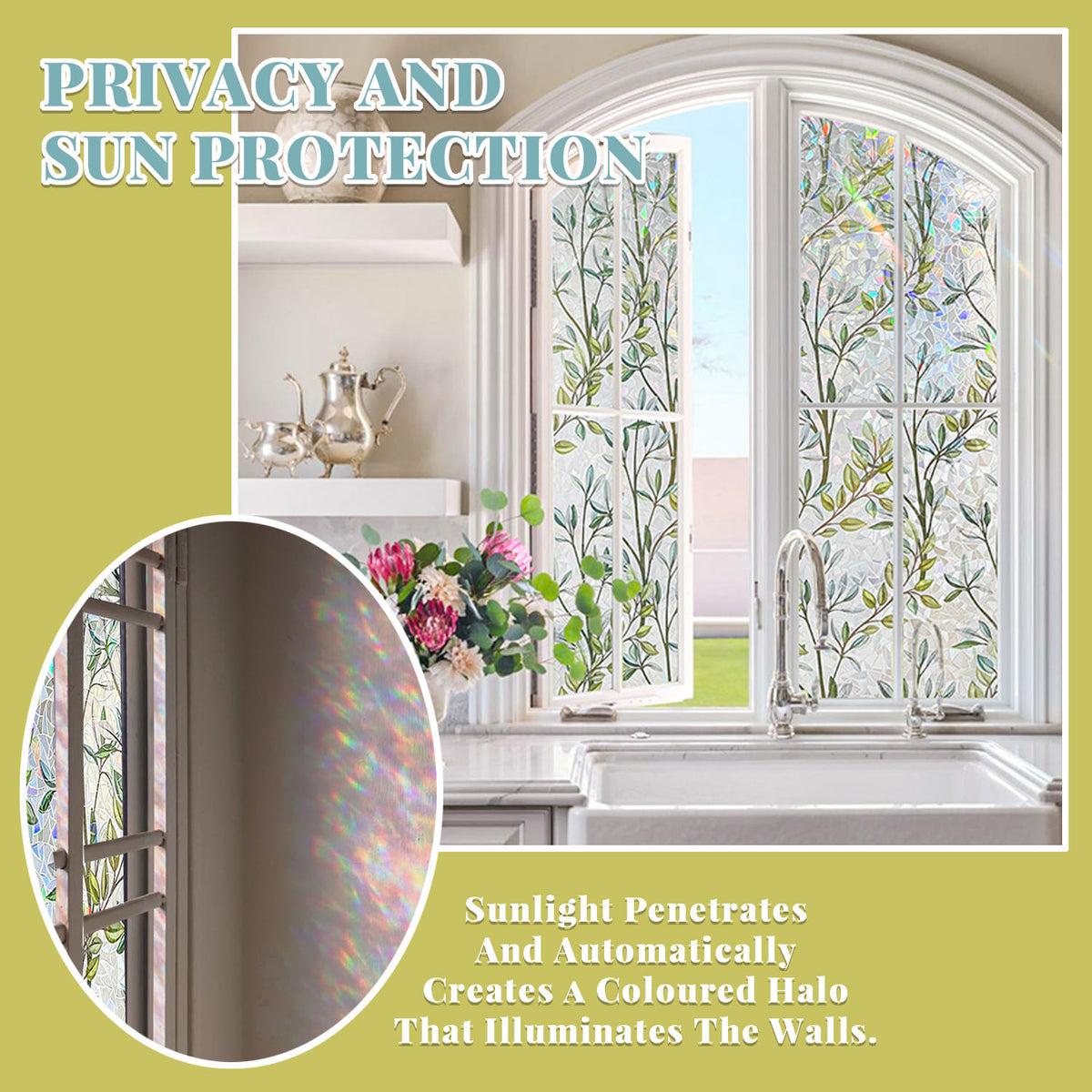 Window Film Privacy Covering, 3D Glue-Free Stained Glass Window Clings, Static Glass Sticker for Home, Green Leaves, 17.5" x 78.7" (45 x 200cm)