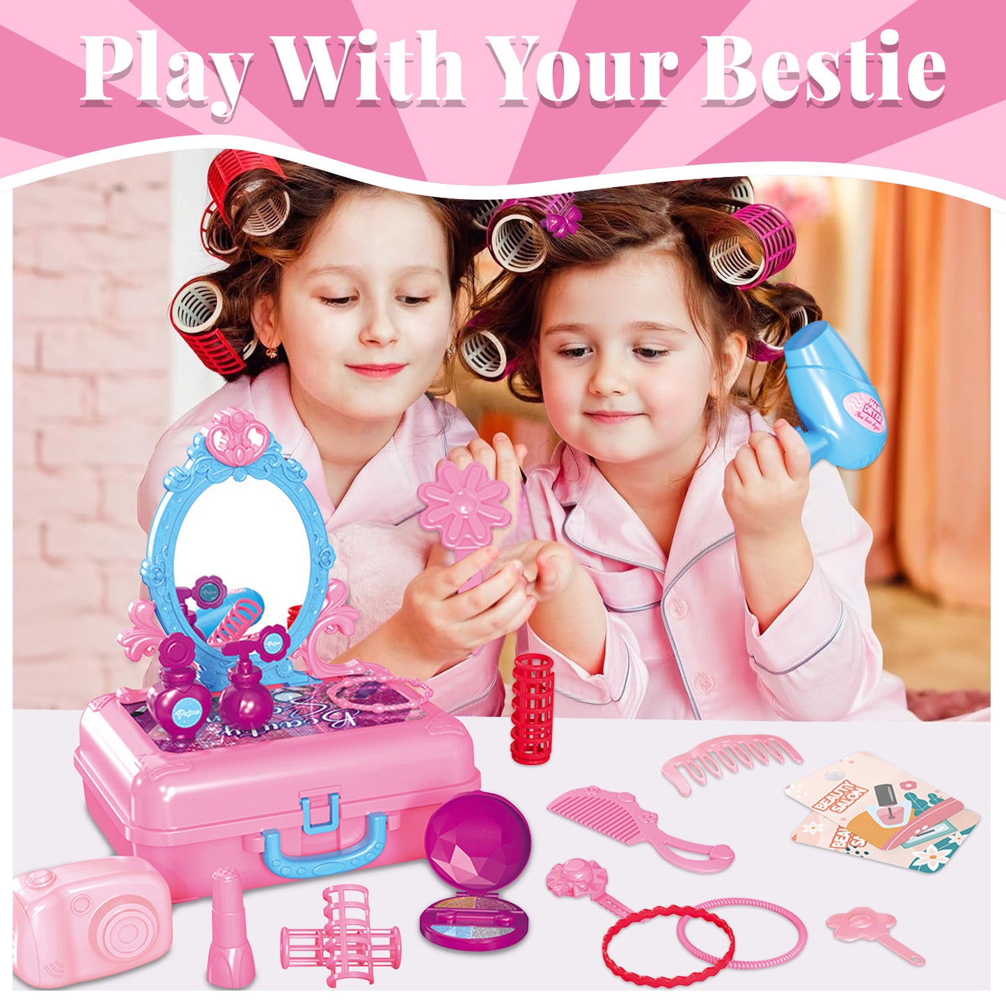 Pretend Play Toys for Toddler Girls Kids Makeup Vanity Set Toddler Toys Ages 2 3 4 5 6, Little Princess Portable Toddler Vanity Set Toys for Girls 3-6 Years